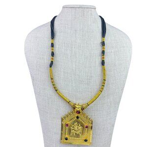 Handmade Women Gold Tone & Black Thread Necklace With Tassel Pendant